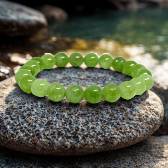 Green Peridot Gemstone Beaded Bracelet - 8mm Stretchy Crystal Jewelry - Picture 5 of 11